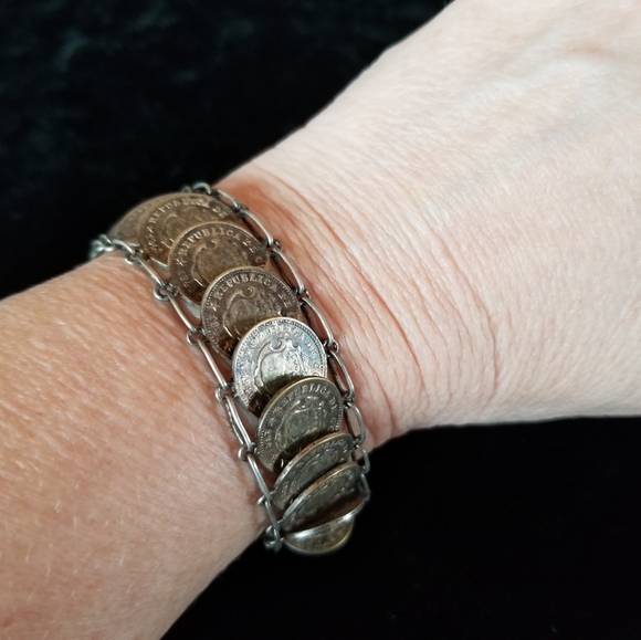 Antique 750 Silver Centavos Mexican Coin Link Brac - Picture 1 of 5